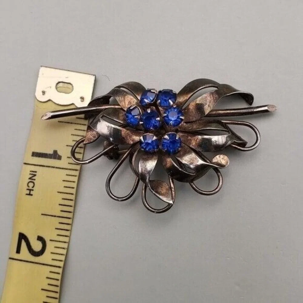 Vintage‎ Sterling Silver Brooch Blue Stones Retro Patina